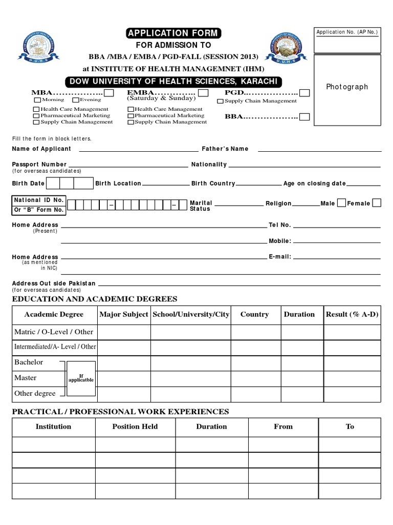 DUHS Admission Application Form 2013 | PDF | Master Of Business ...