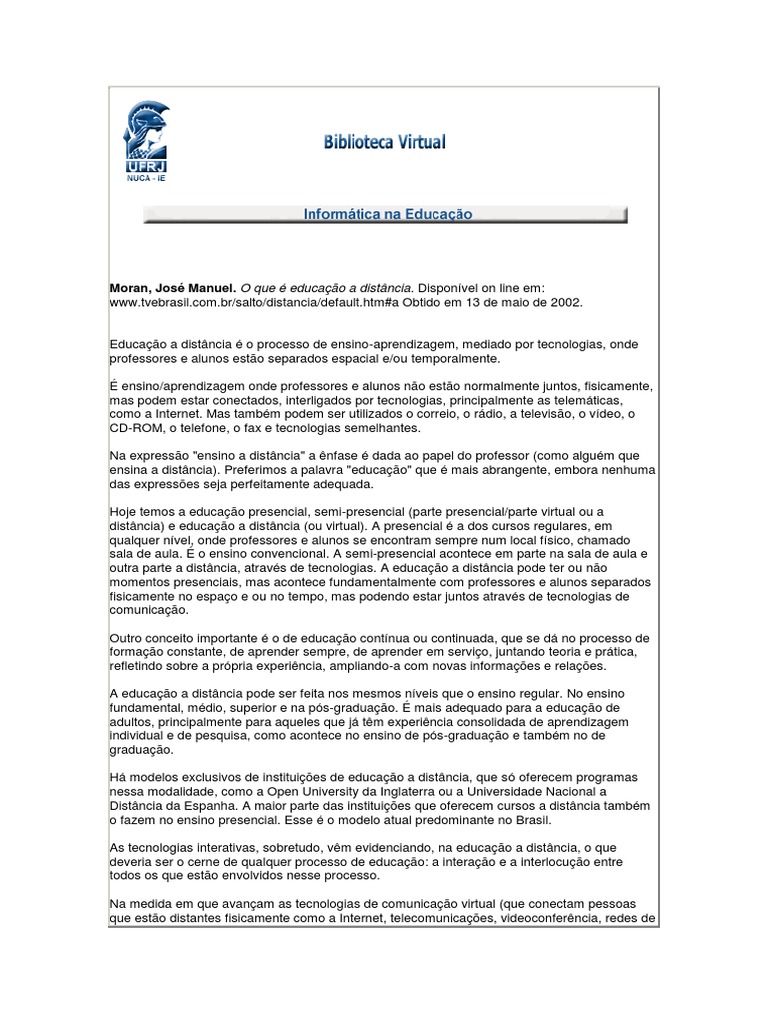 Moran - Educação A Distância. | PDF | Educação à distância | Internet