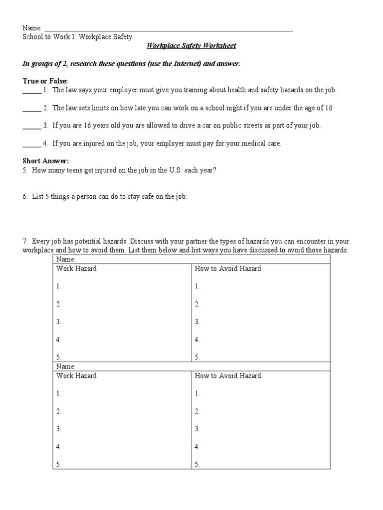 osha workplace safety worksheet pdf