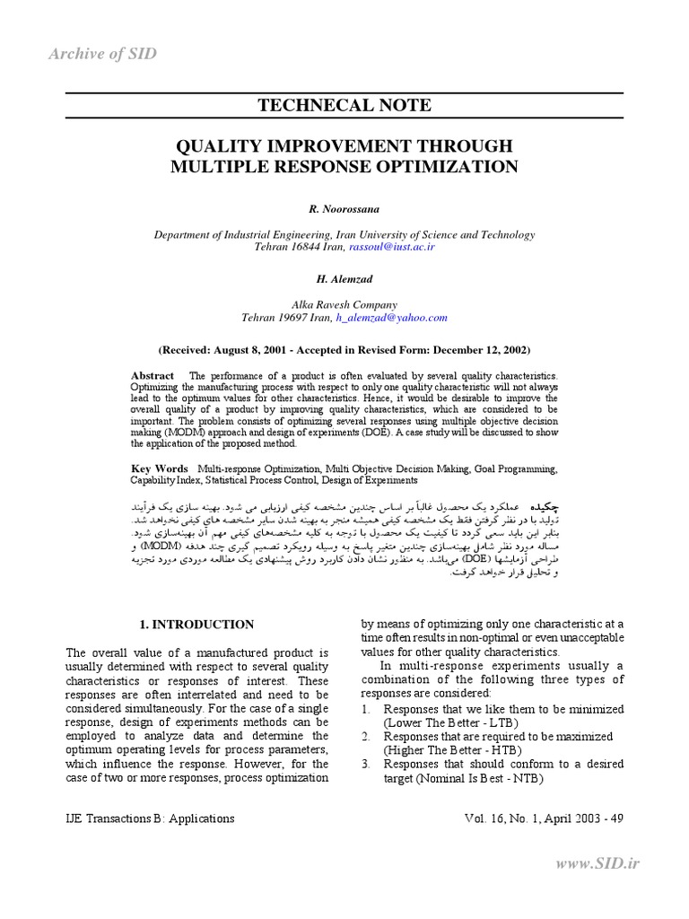 Multi-Response Optimization Techniques | PDF | Mathematical ...