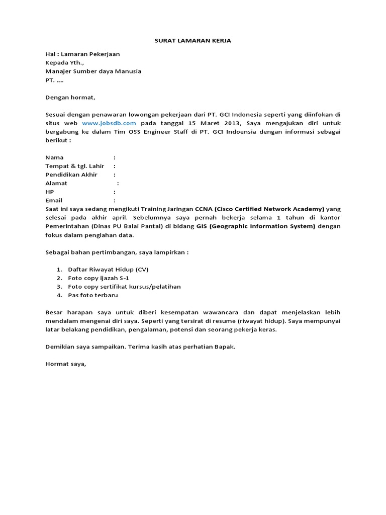 Surat Lamaran Kerja Hal Lamaran Pekerjaan Kepada Yth Manajer Sumber Daya Manusia Pt
