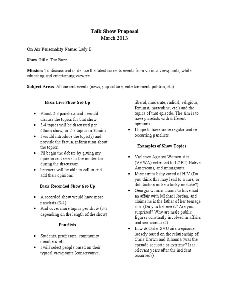 Talk Show Proposal  PDF  Gender  Gender Studies