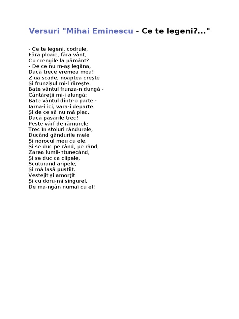 Versuri Mihai Eminescu - Ce Te Legeni... | PDF