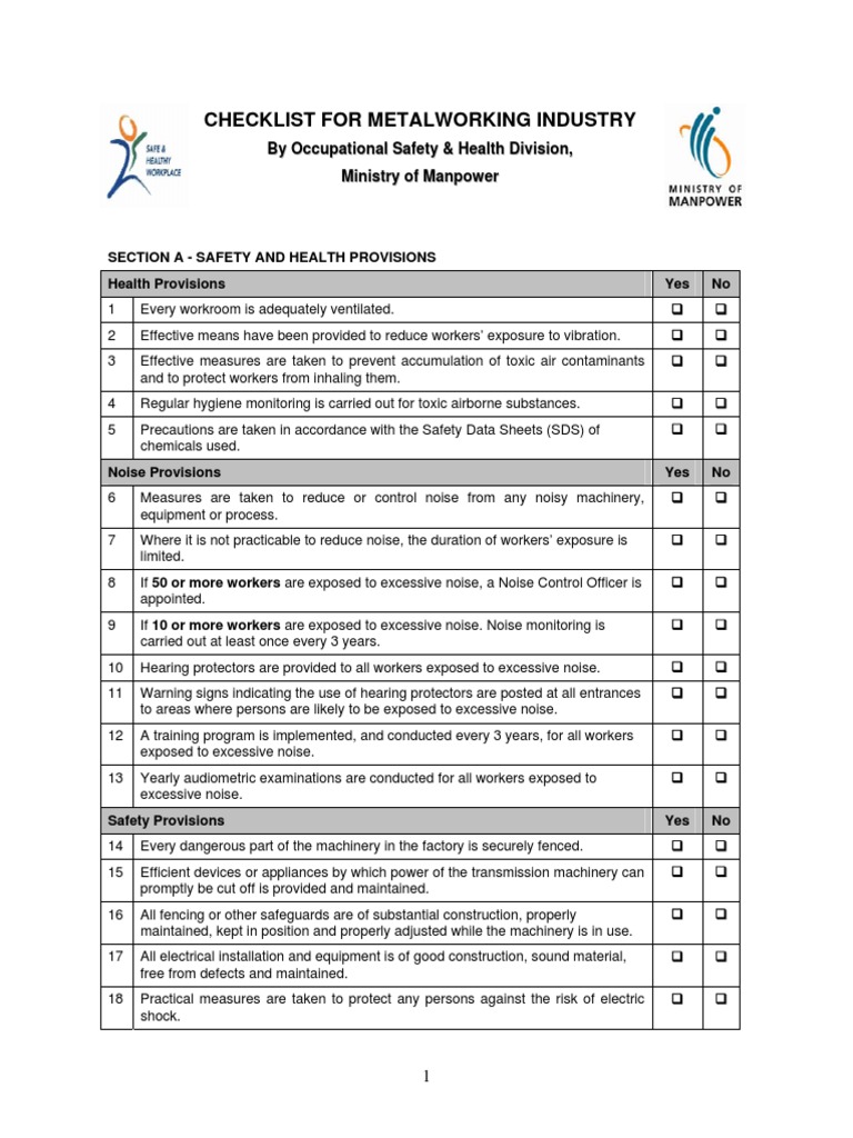 Checklist for Metalworking Industry Noise Risk