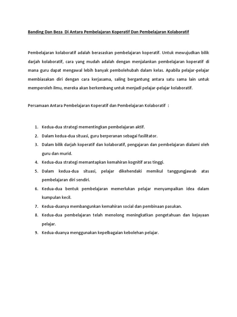 Banding Dan Beza Di Antara Pembelajaran Koperatif Dan Pembelajaran Kolaboratif Pdf