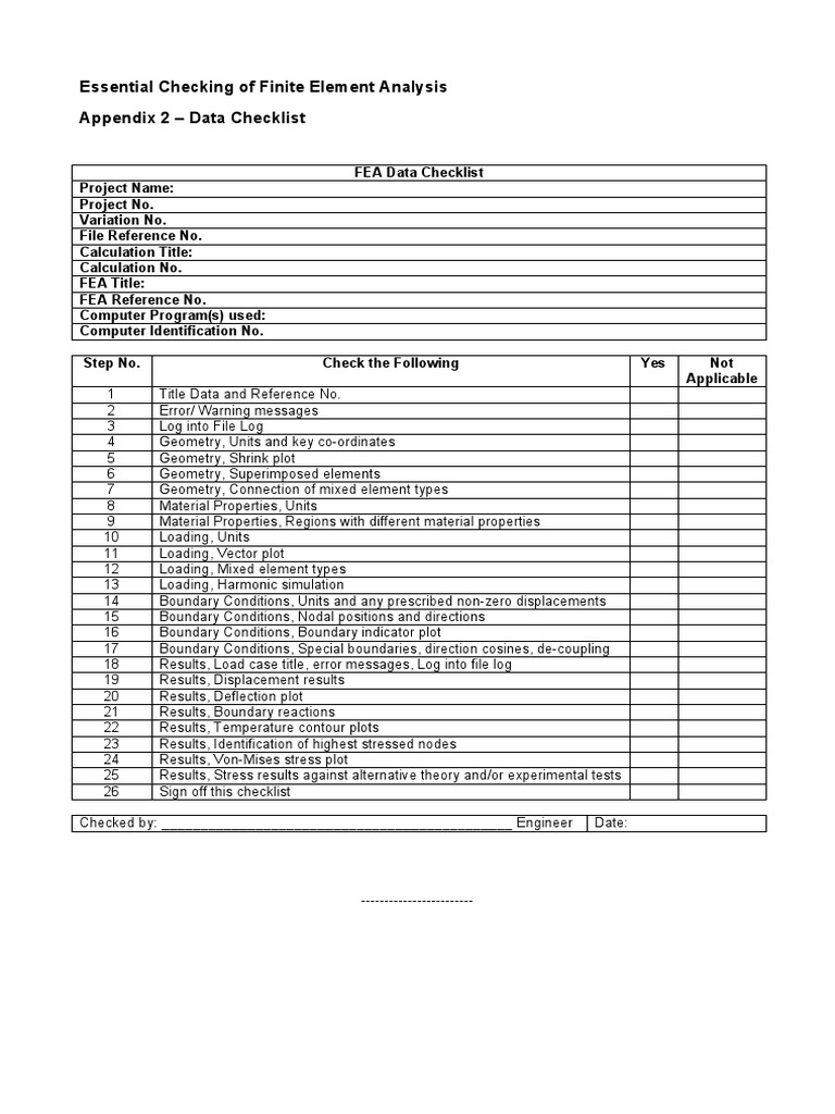 FEA Data Checklist for Analysis Verification | PDF