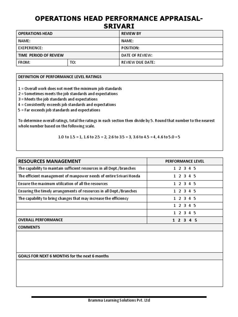 Operations Head Performance Review | PDF | Performance Appraisal ...