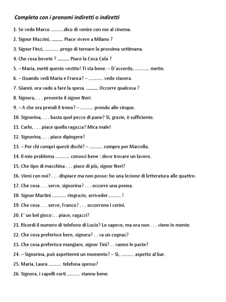 Pronomi Diretti E Indiretti Esercizi Pdf