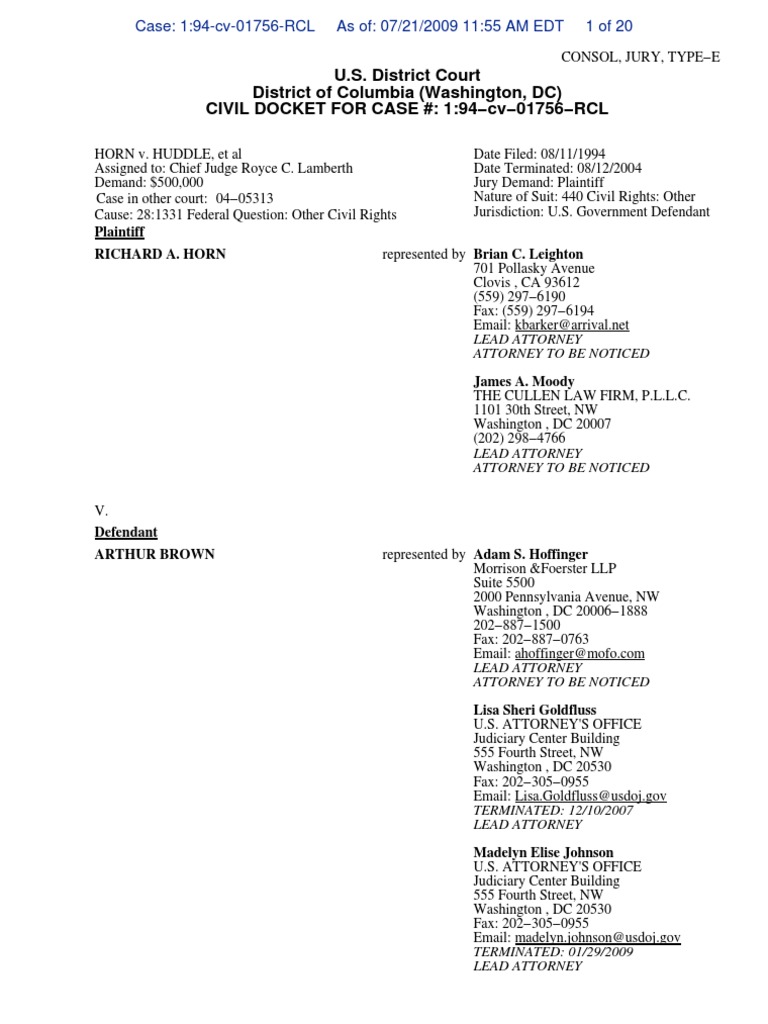 HORN v. HUDDLE, Et Al (194 CV 01756 RCL) Docket Report PDF