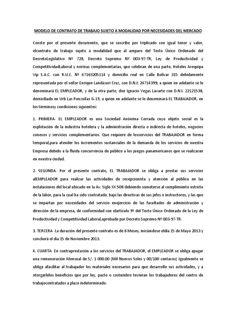 Contrato de Trabajo Sujeto a Modalidad Por Necesidades Del