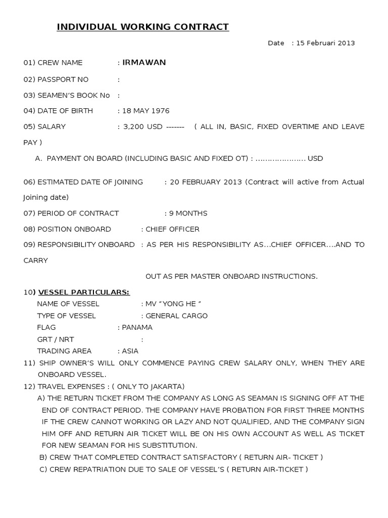 Seafarer Employment Contract Sample | PDF | Guarantee | Salary