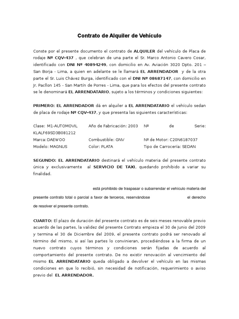 Contrato Coche Vehículo de motor