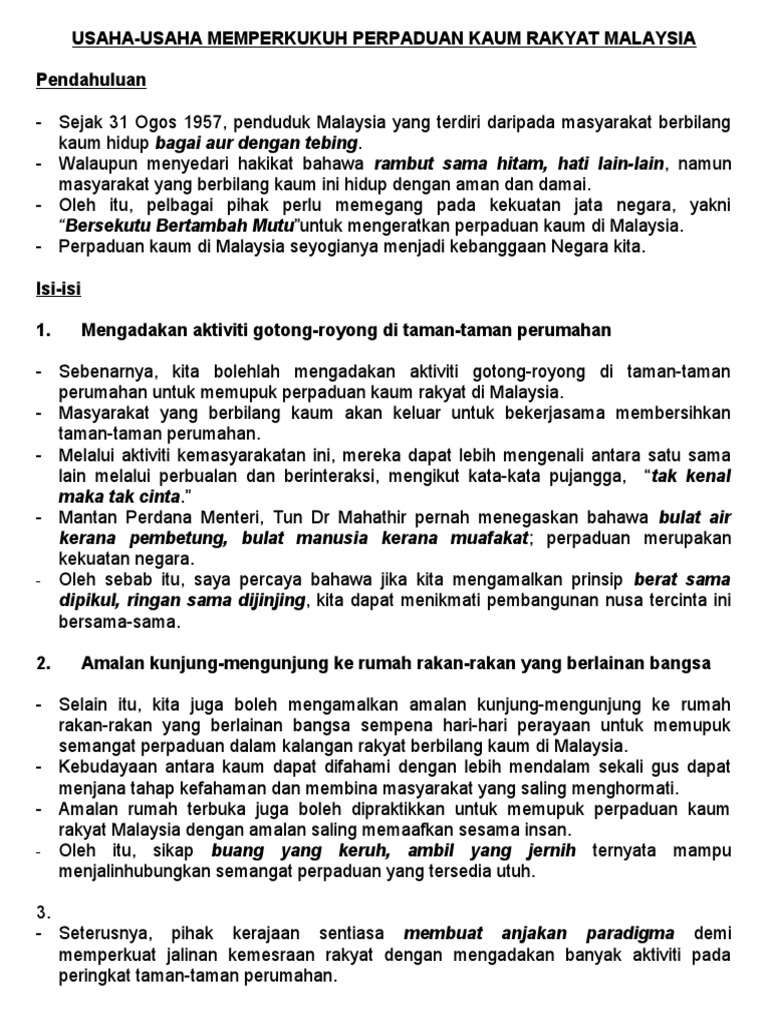 Usaha Usaha Memupuk Perpaduan Pdf