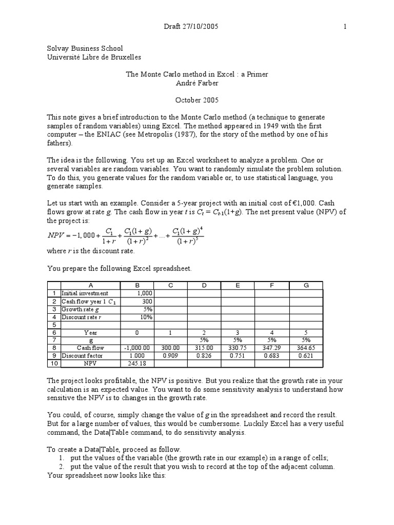 The Monte Carlo Method in Excel André Farber Net Present Value