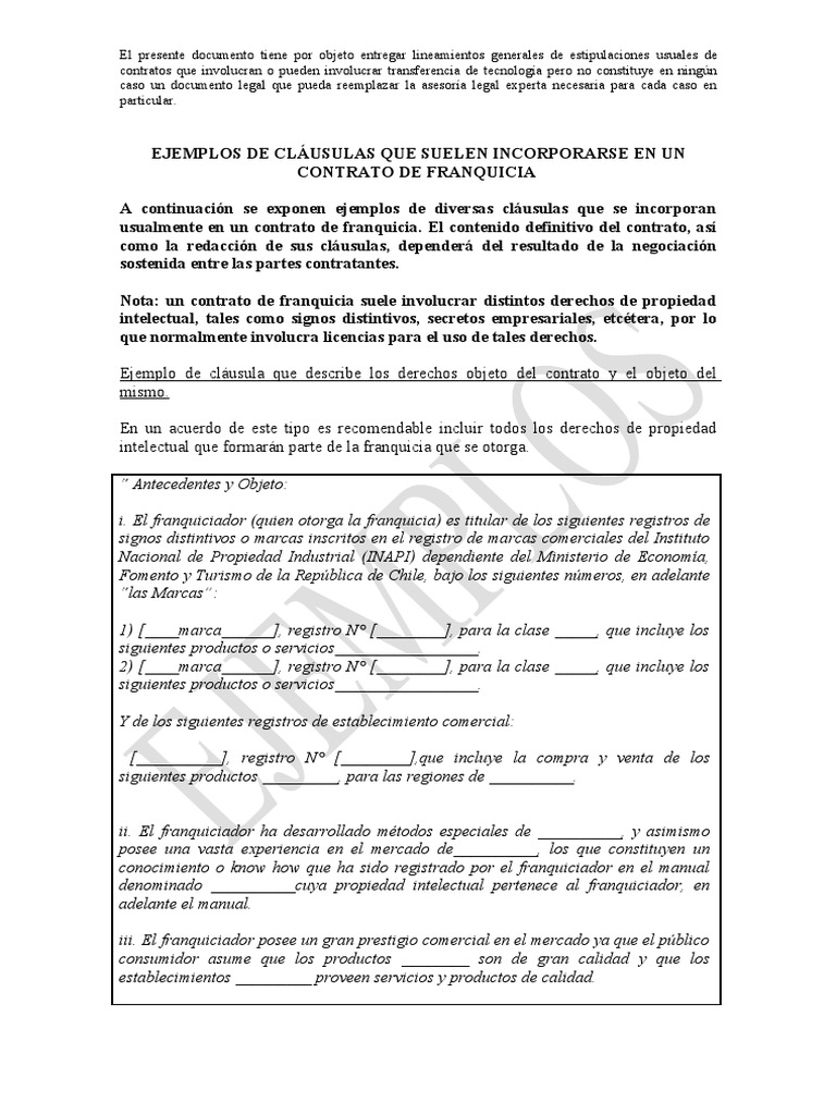 Ejemplos de Clausulas para Contrato de Franquicia | PDF | Franquiciamiento  | Propiedad intelectual