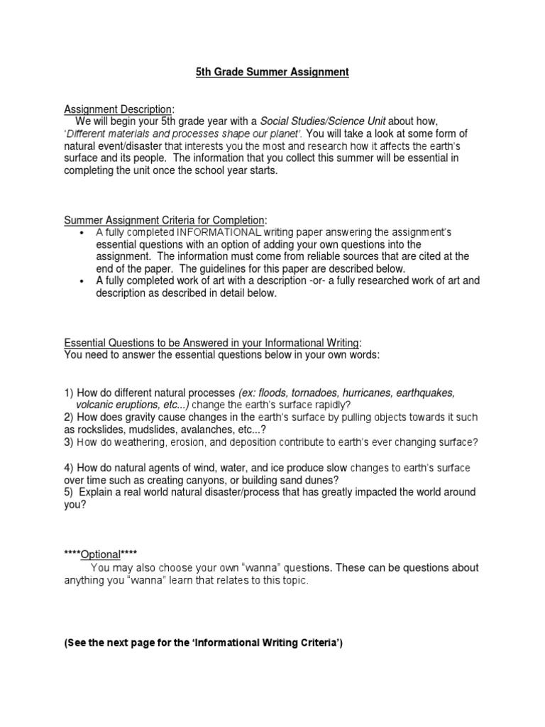 5th Grade Summer Assignment Guide | PDF | Podcast | Earth