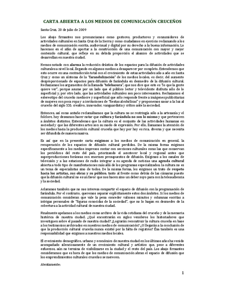 CARTA ABIERTA A LOS MEDIOS DE COMUNICACIÓN CRUCEÑOS