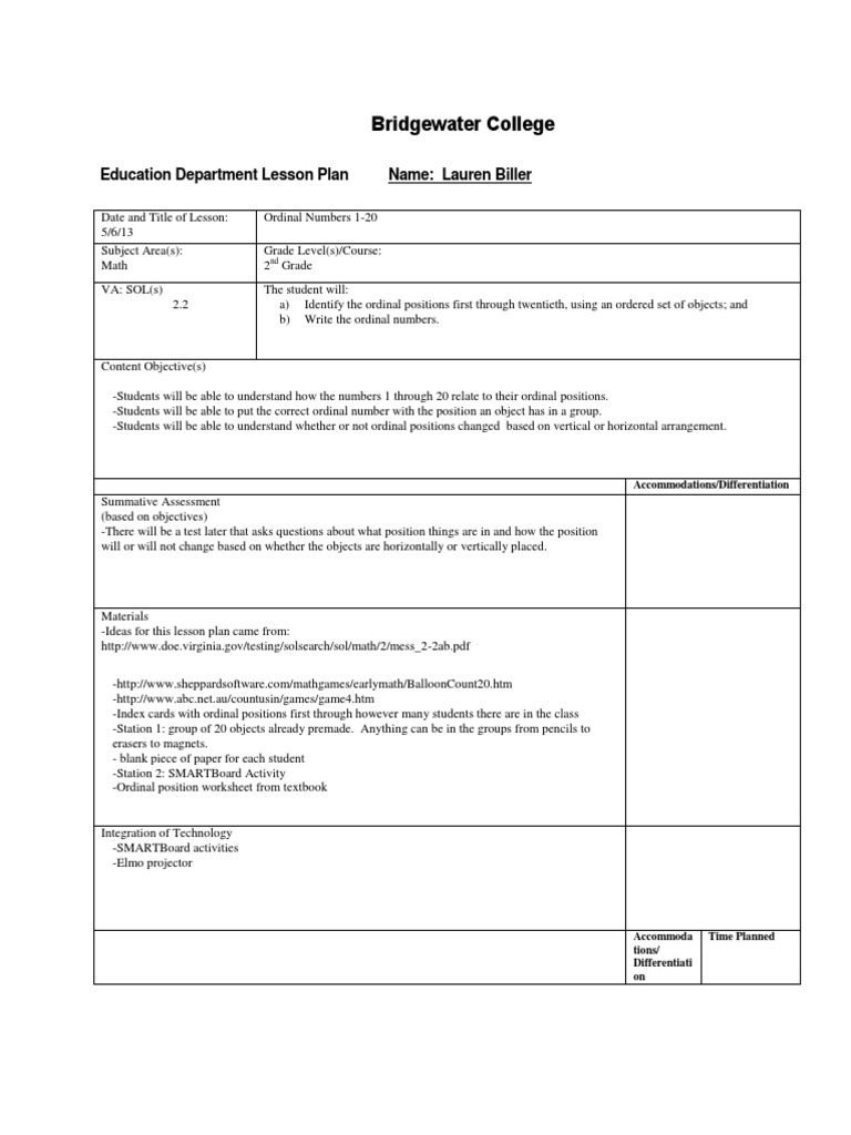 2nd grade - ordinal numbers 1-20 lesson plan | Lesson Plan | Learning