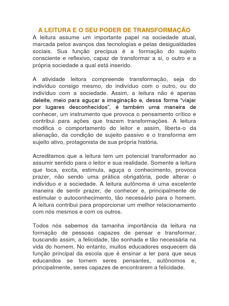 A LEITURA E O SEU PODER DE TRANSFORMAÇÃO | PDF | Sociedade | Cidadania