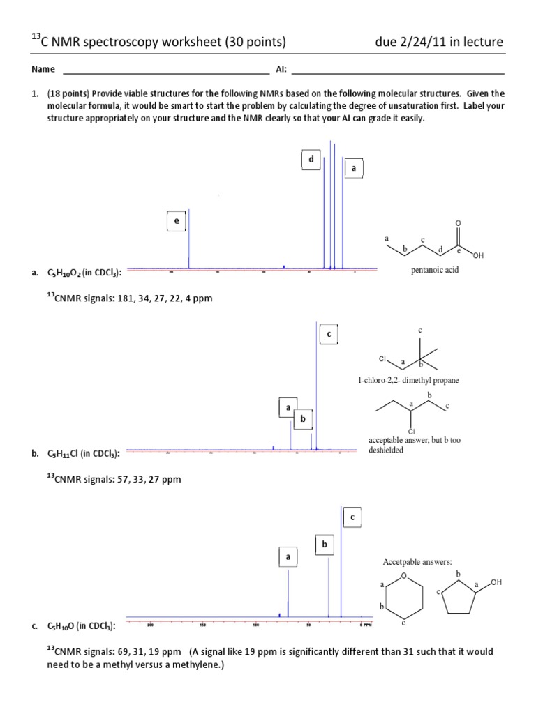 C NMR Spectroscopy Worksheet (30 Points) Due 2/24/11 in Lecture PDF Proton Nuclear