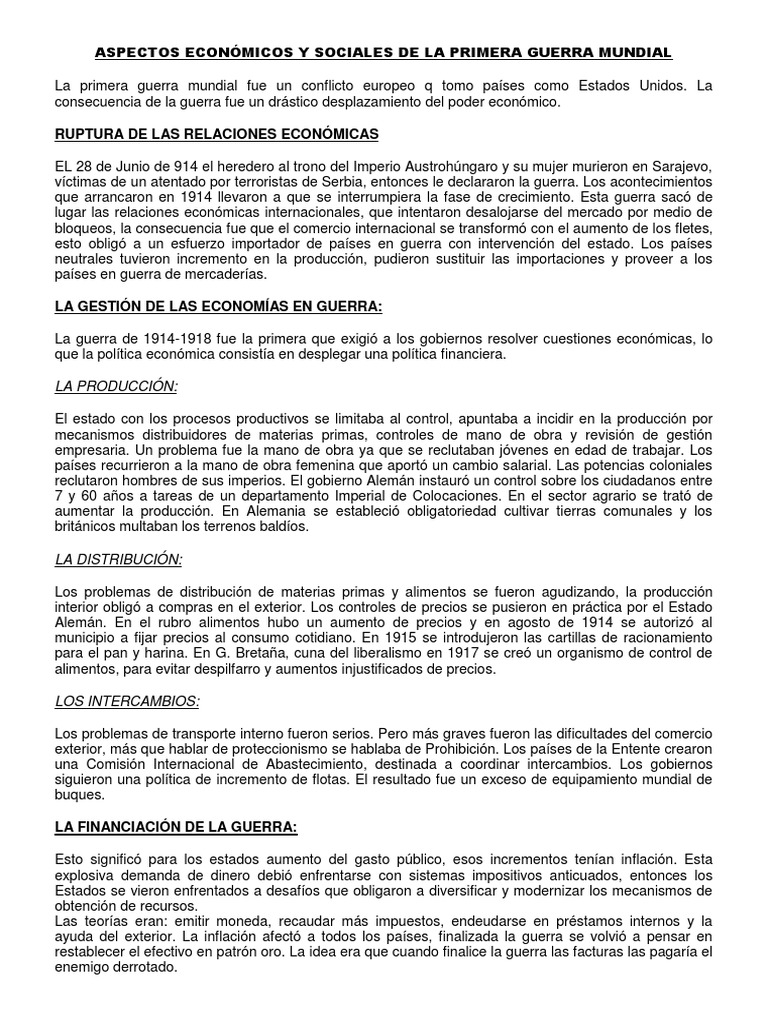 Aspectos Económicos y Sociales de La Primera Guerra Mundial | PDF