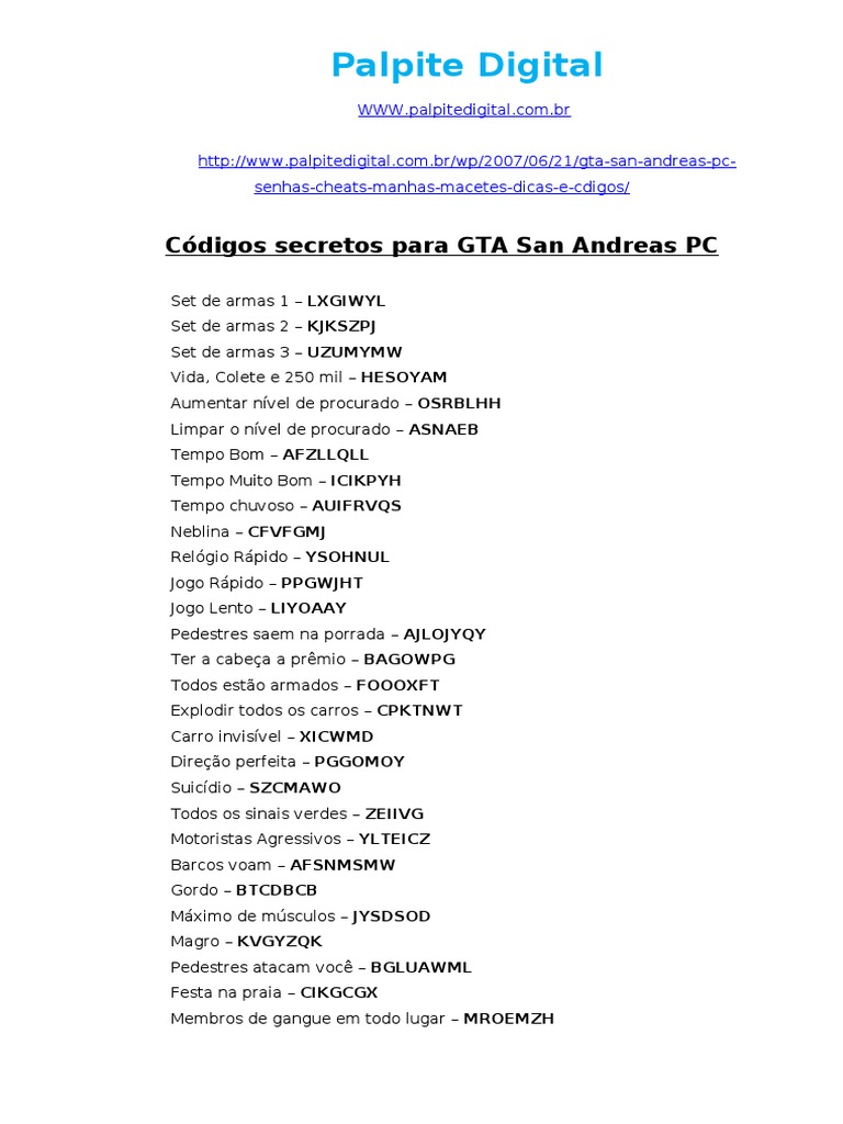 Codigos Secretos para GTA San Andreas PC PDF, PDF