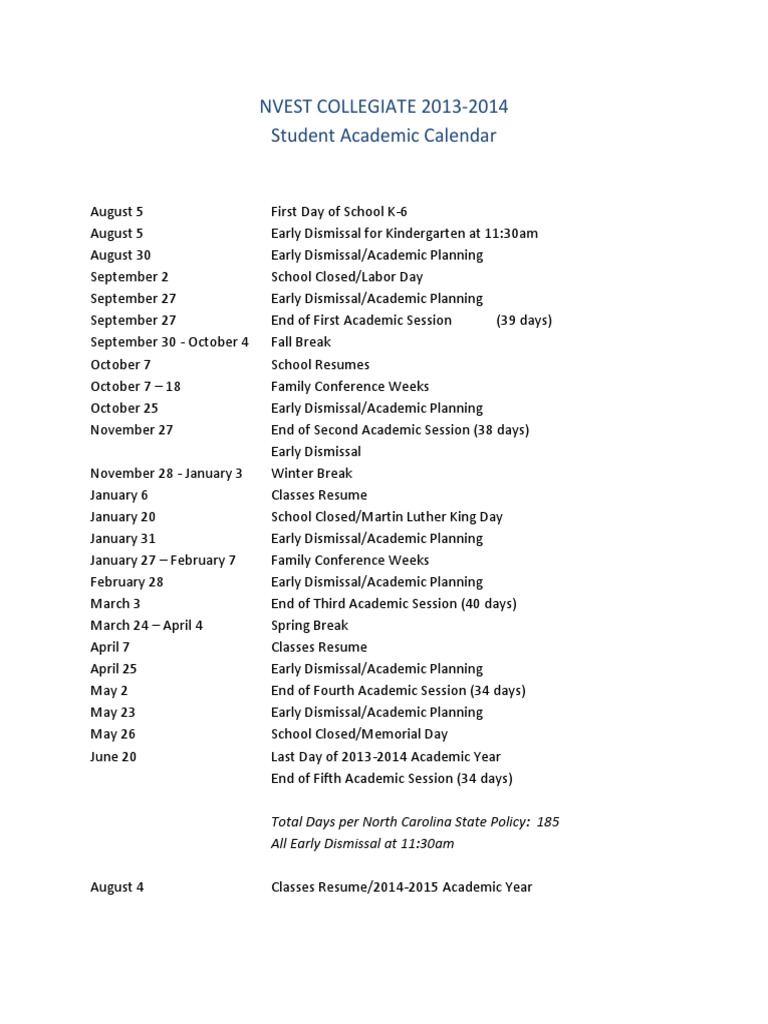 NVEST COLLEGIATE 20132014 Student Academic Calendar PDF
