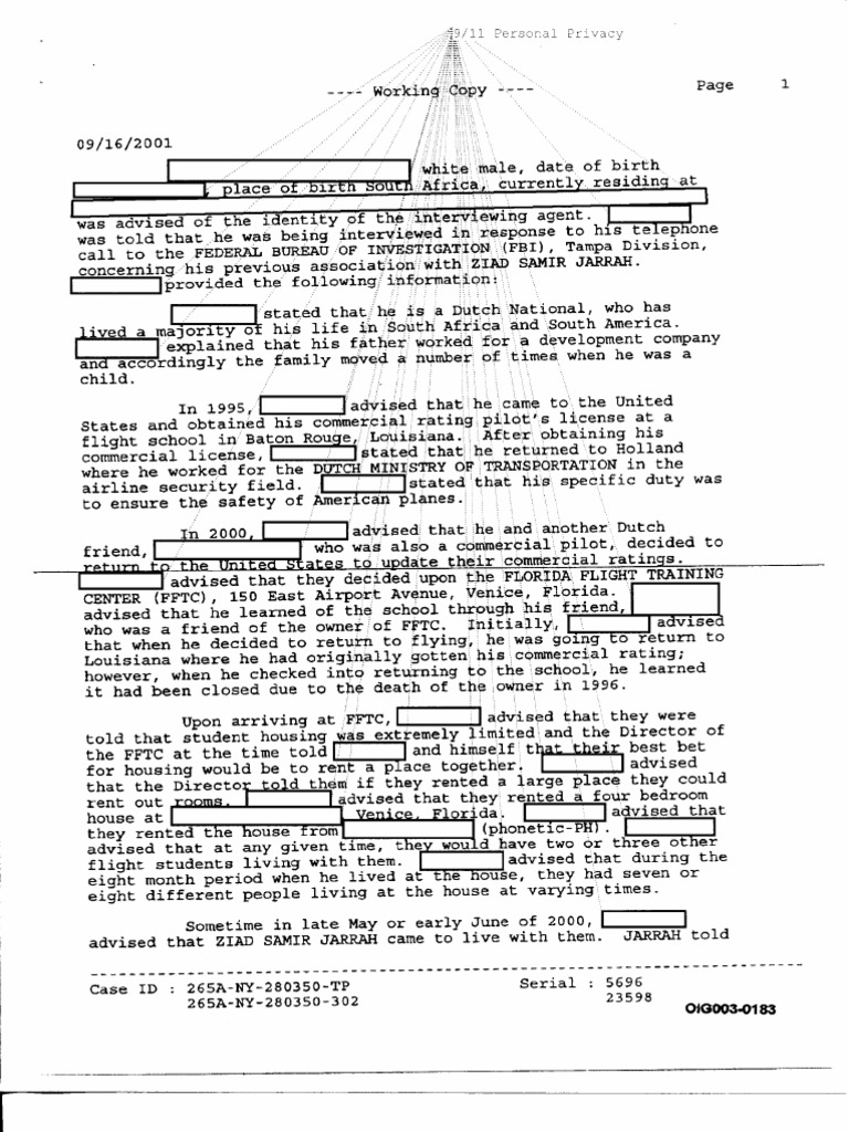 T5 B46 Footnote Materials 3 of 3 FDR - 9-16-01 FBI 302 - Redacted White ...