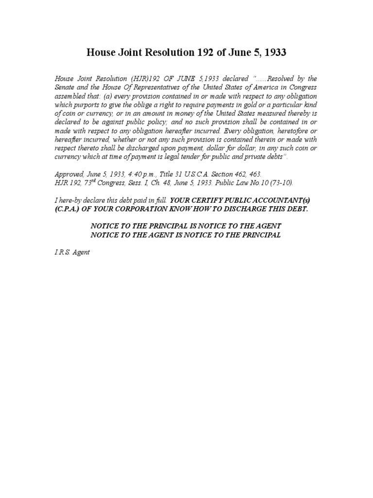 HJR 192: Discharge of Debt, 1933 | PDF | Social Science