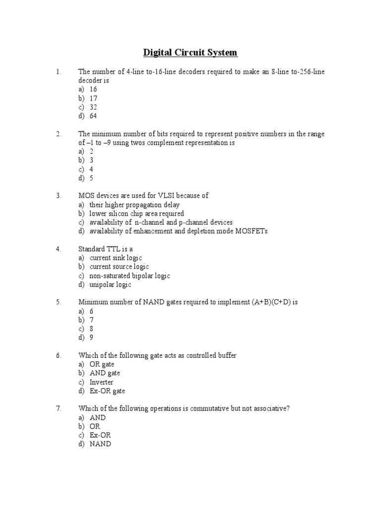 Digital Circuit System Quiz Questions | PDF | Digital Electronics ...