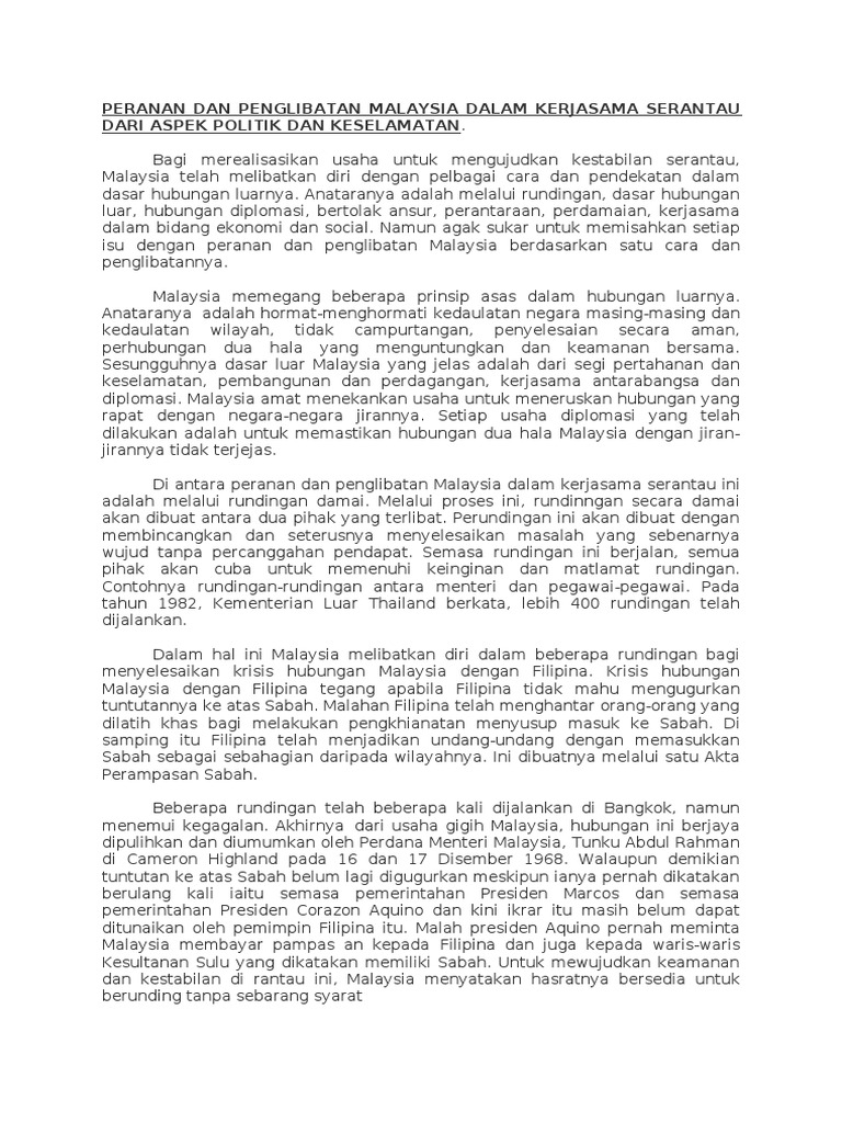 Peranan Dan Penglibatan Malaysia Dalam Kerjasama Serantau 