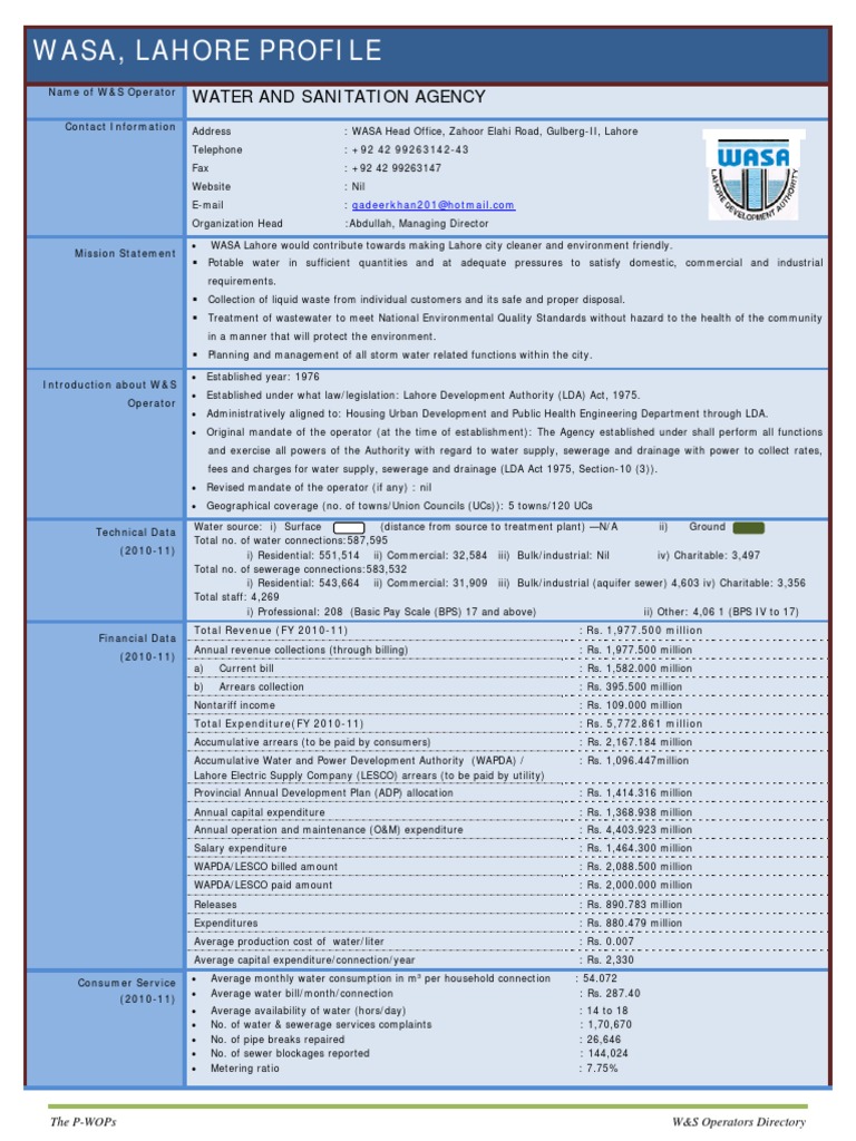 Wasa, Lahore Profile: Water and Sanitation Agency | PDF | Sanitary ...
