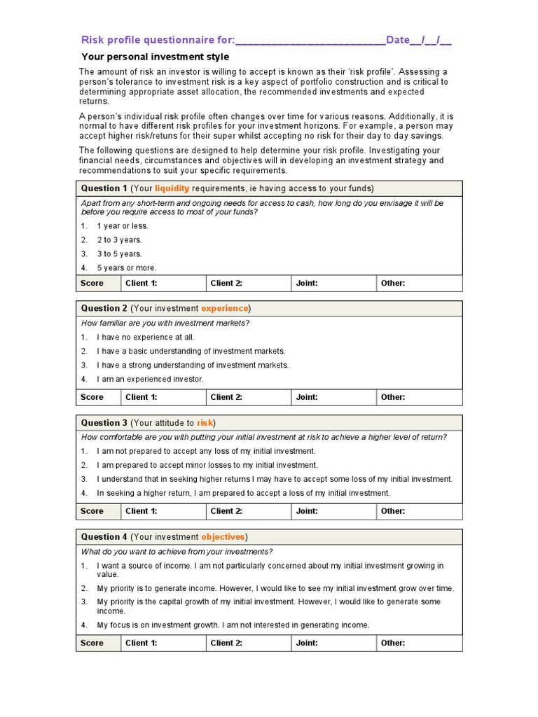 Risk Profile Questionnaire | Asset Allocation | Investor