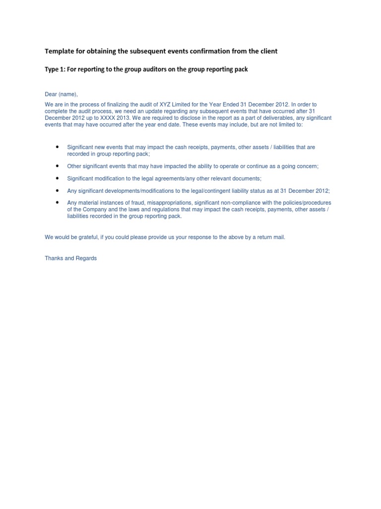 Subsequent Events Confirmation Template | PDF