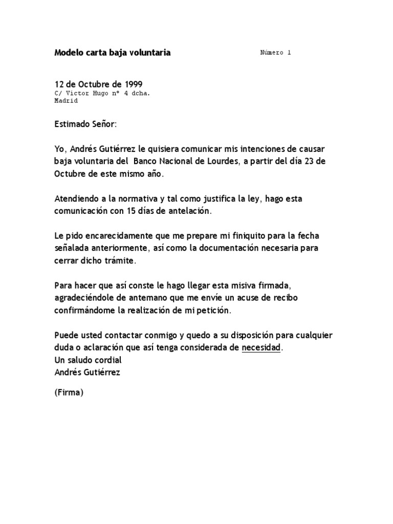 Modelo Carta Baja Voluntaria Pdf