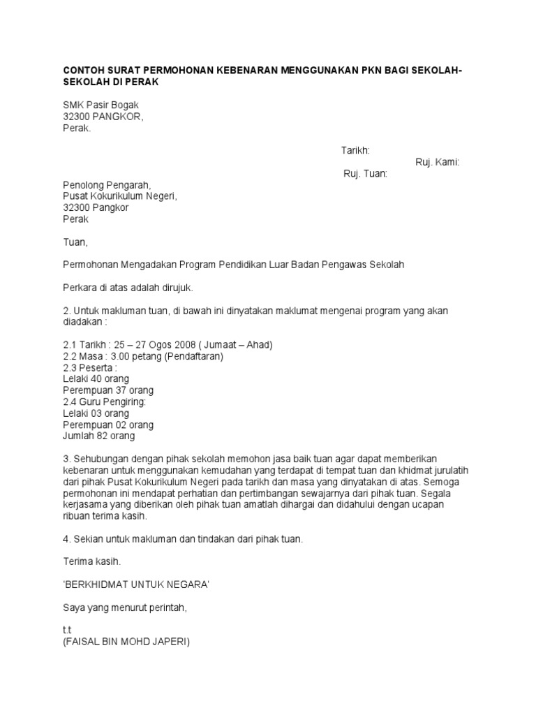 Contoh Surat Permohonan Kebenaran Menggunakan Pkn Bagi Sekolah 
