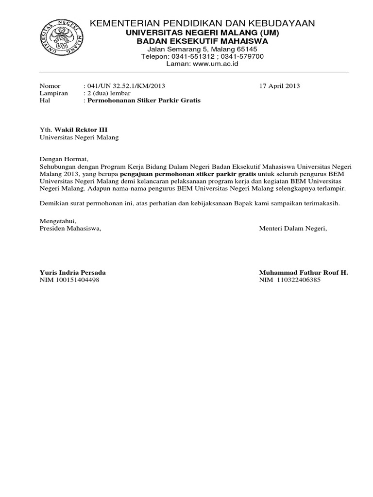 Form Surat Pengajuan Parkir Gratis