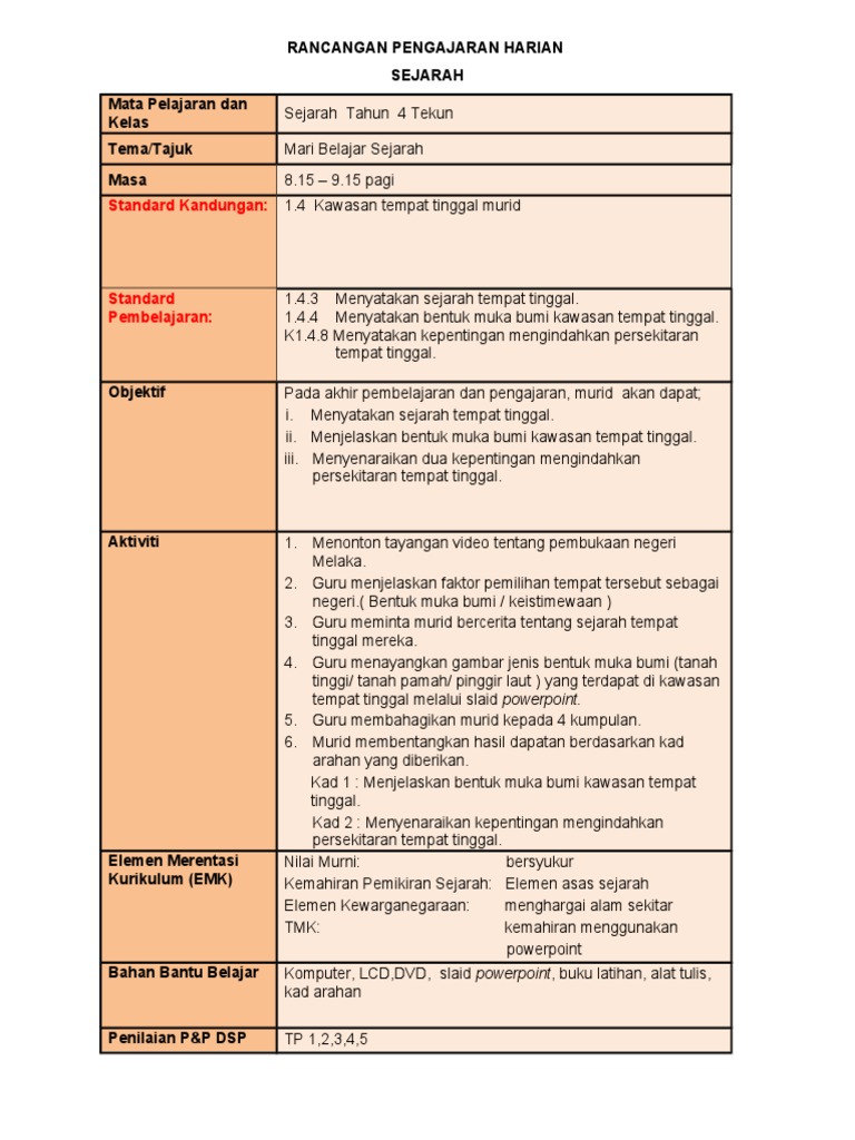 Rancangan Pengajaran Harian Tajuk 1 4 Pdf
