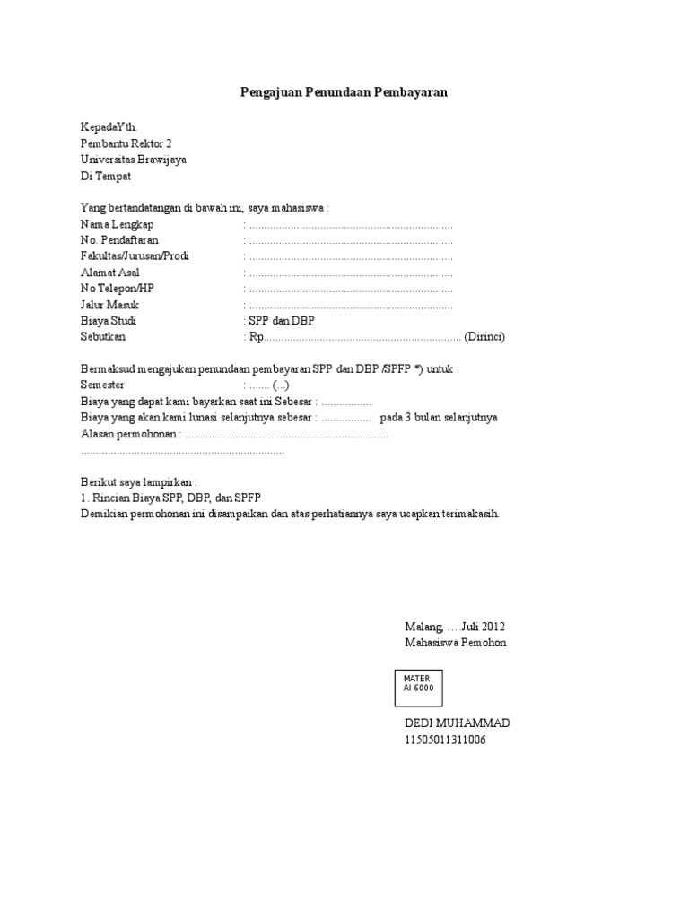 Contoh Surat Permohonan Keringanan Biaya Kuliah Kumpulan