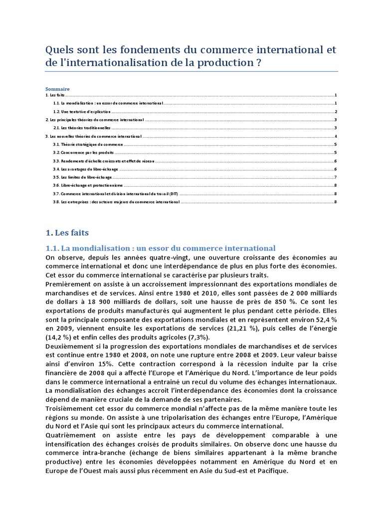 Quels Sont Les Fondements Du Commerce International Dissertation