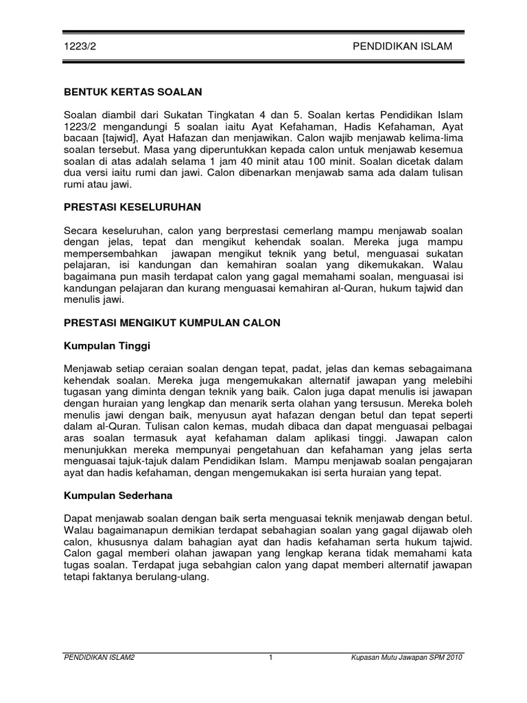 Pendidikan Islam K2 Spm 2010 Kupasan Mutu Jawapan Calon Pdf