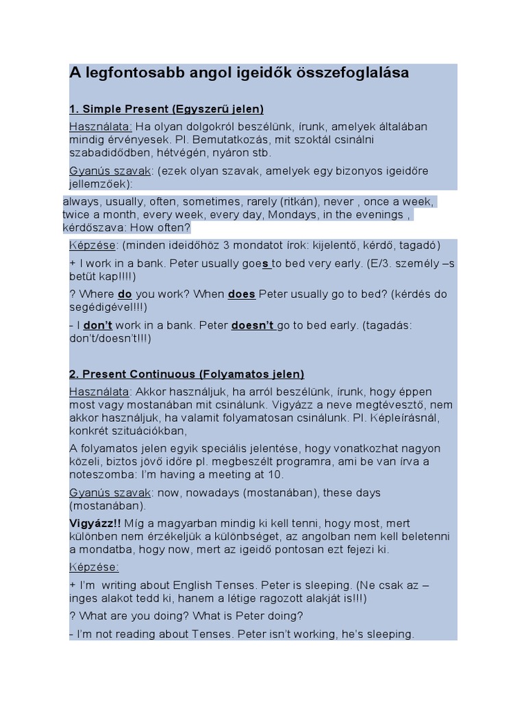 A Legfontosabb Angol Igeidők Összefoglalása | PDF