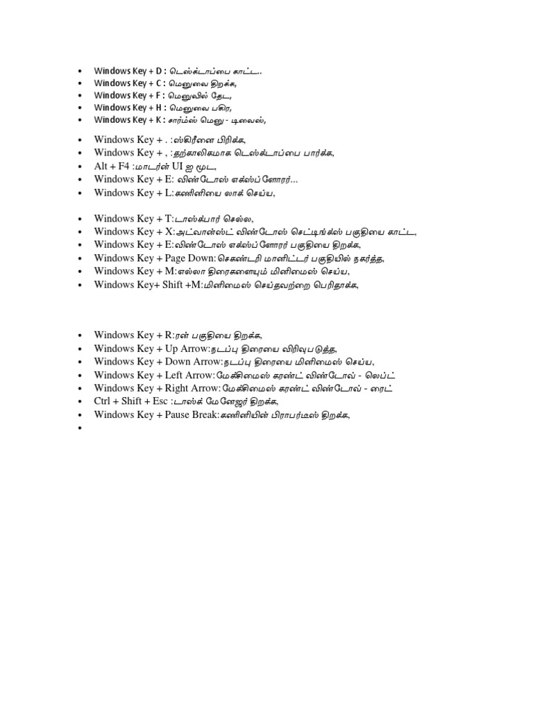 Windows Key + D: .. Windows Key + C:, Windows Key + F:, Windows Key + H ...