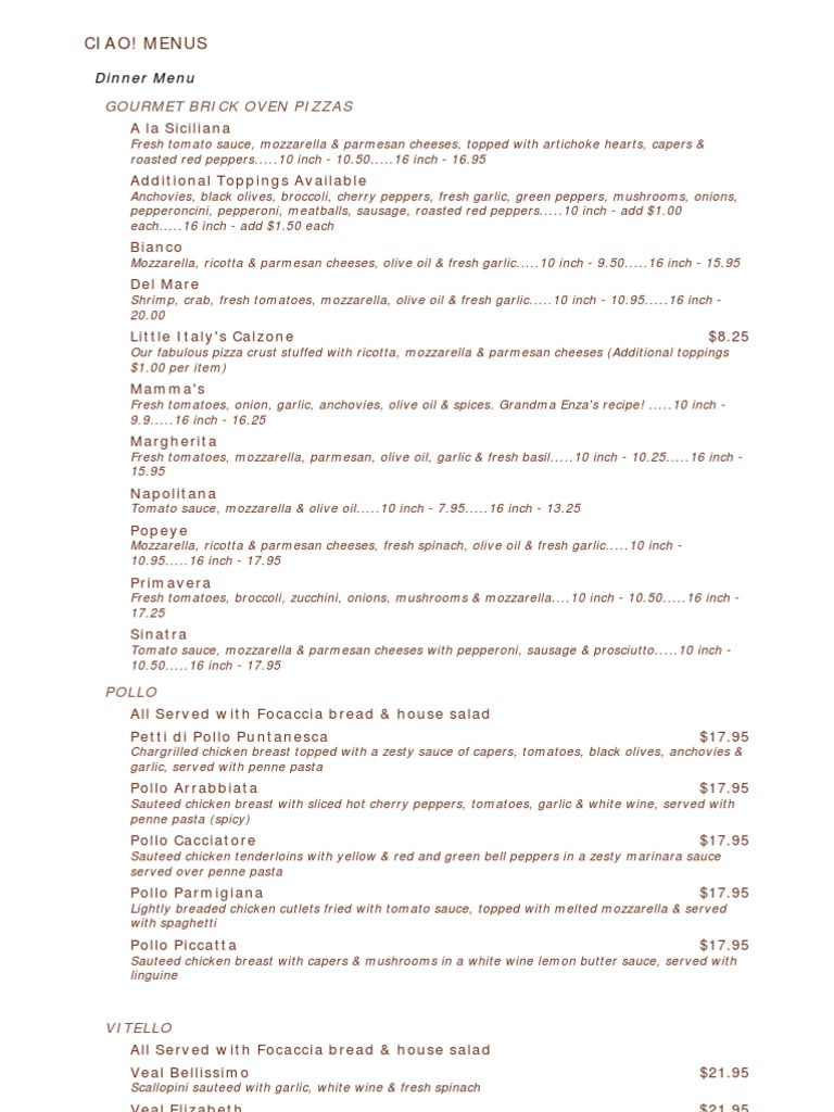 Ciao Italia! Menu Pizza Pasta