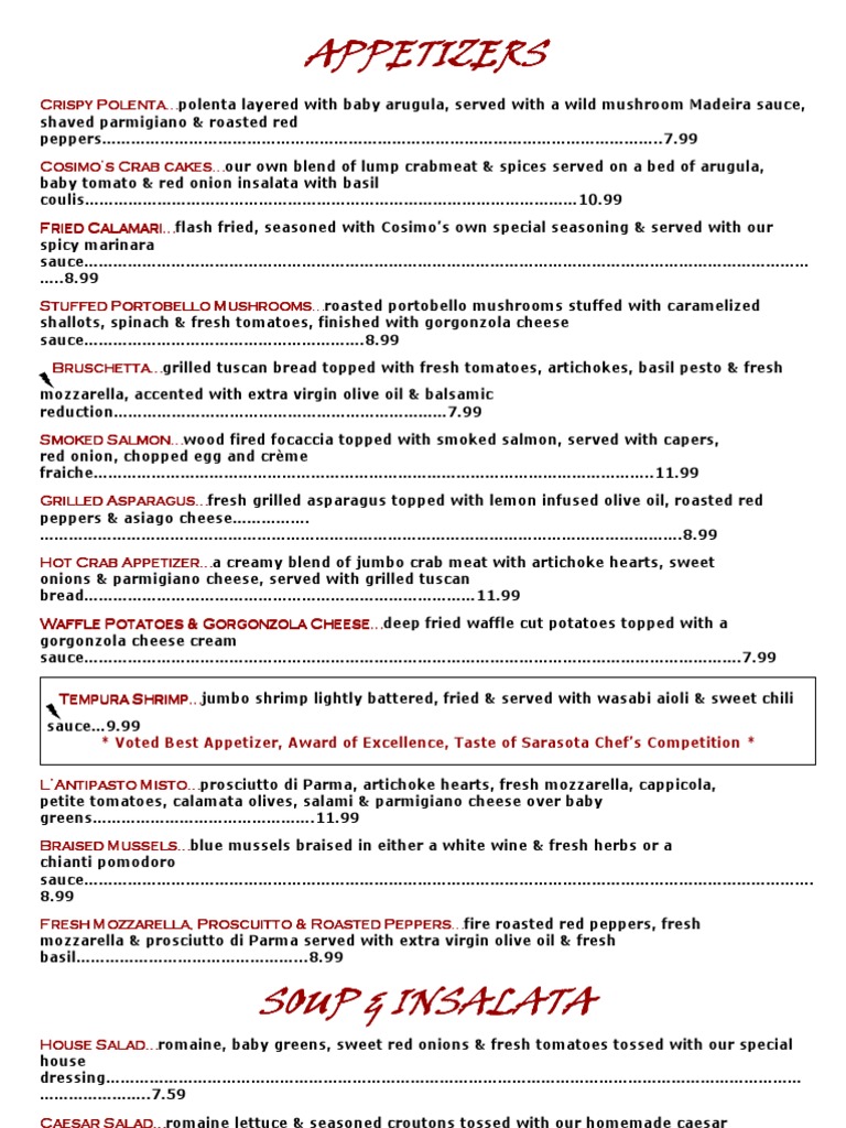 Cosimo's Menu Tomato Sauce Pizza