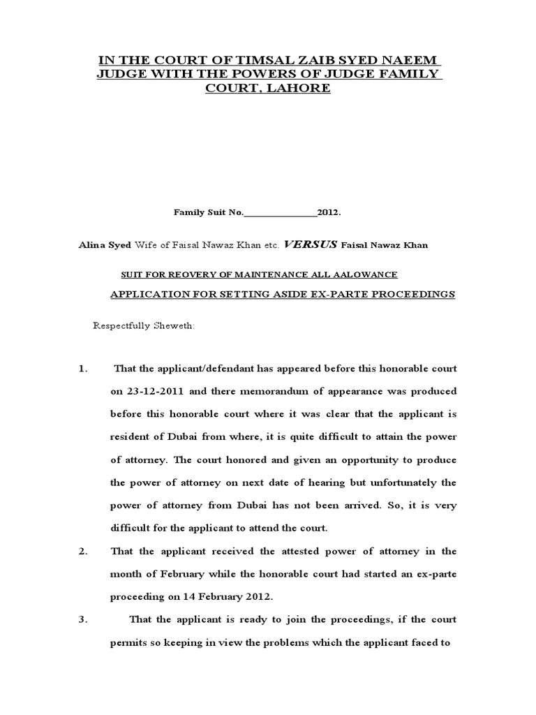 Application For Setting Aside Ex Parte Alina Syed Vs Faisal Nawaz Khan 22 02 2012 Pdf Ex Parte Affidavit