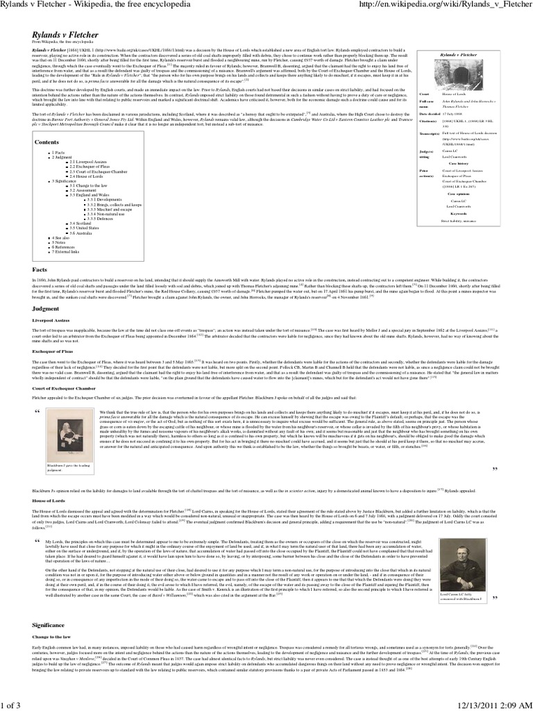 Rylands v Fletcher: Legal Precedent | PDF | Private Law | Justice