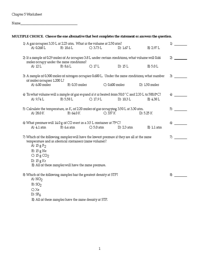 Chapter 5 Worksheet | Gases | Chemistry