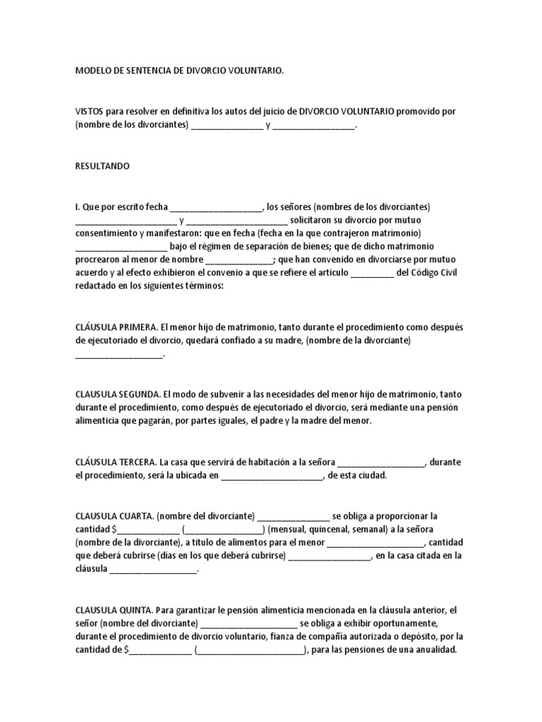 Modelo de Sentencia de Divorcio Voluntario | Divorcio | Manutención de