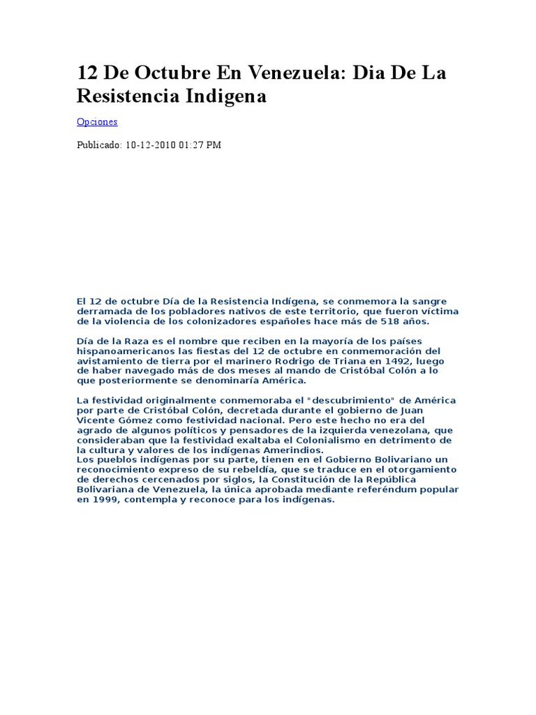 12 de Octubre en Venezuela PDF Venezuela Cristobal colon